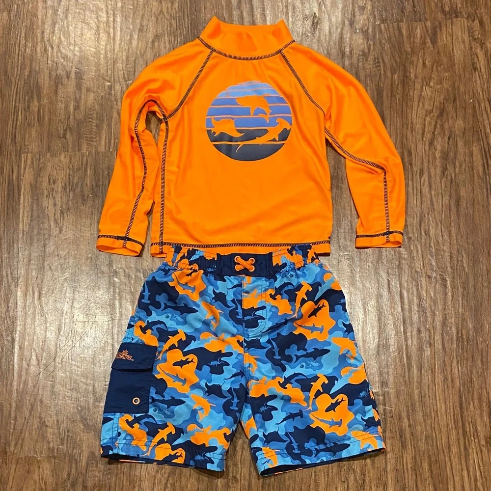 UV Skinz Orange and Blue shark Kids Swim Set size 6